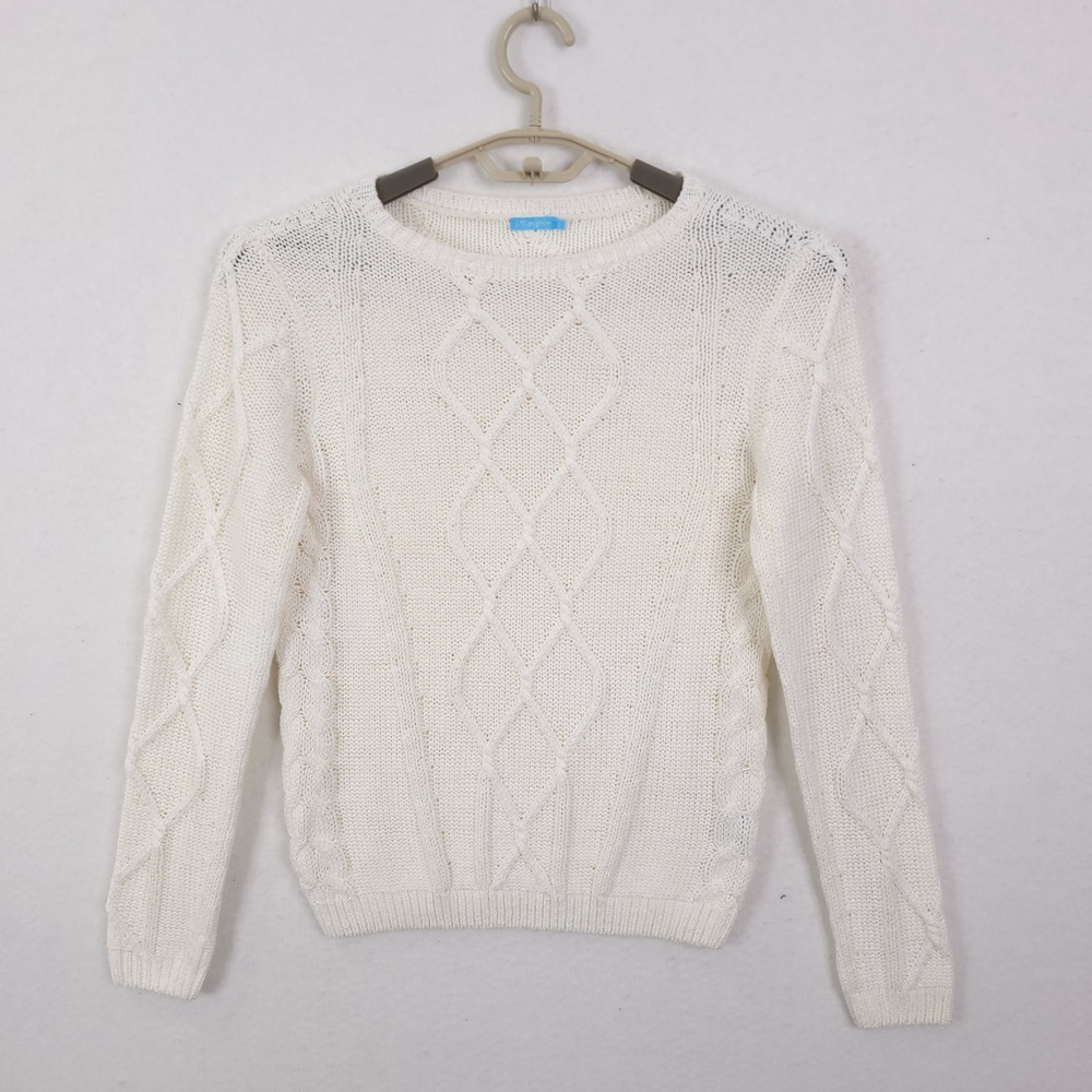 J.McLaughlin Cable Knit Sweater Womens Small White Diamond Pattern Crew Neck